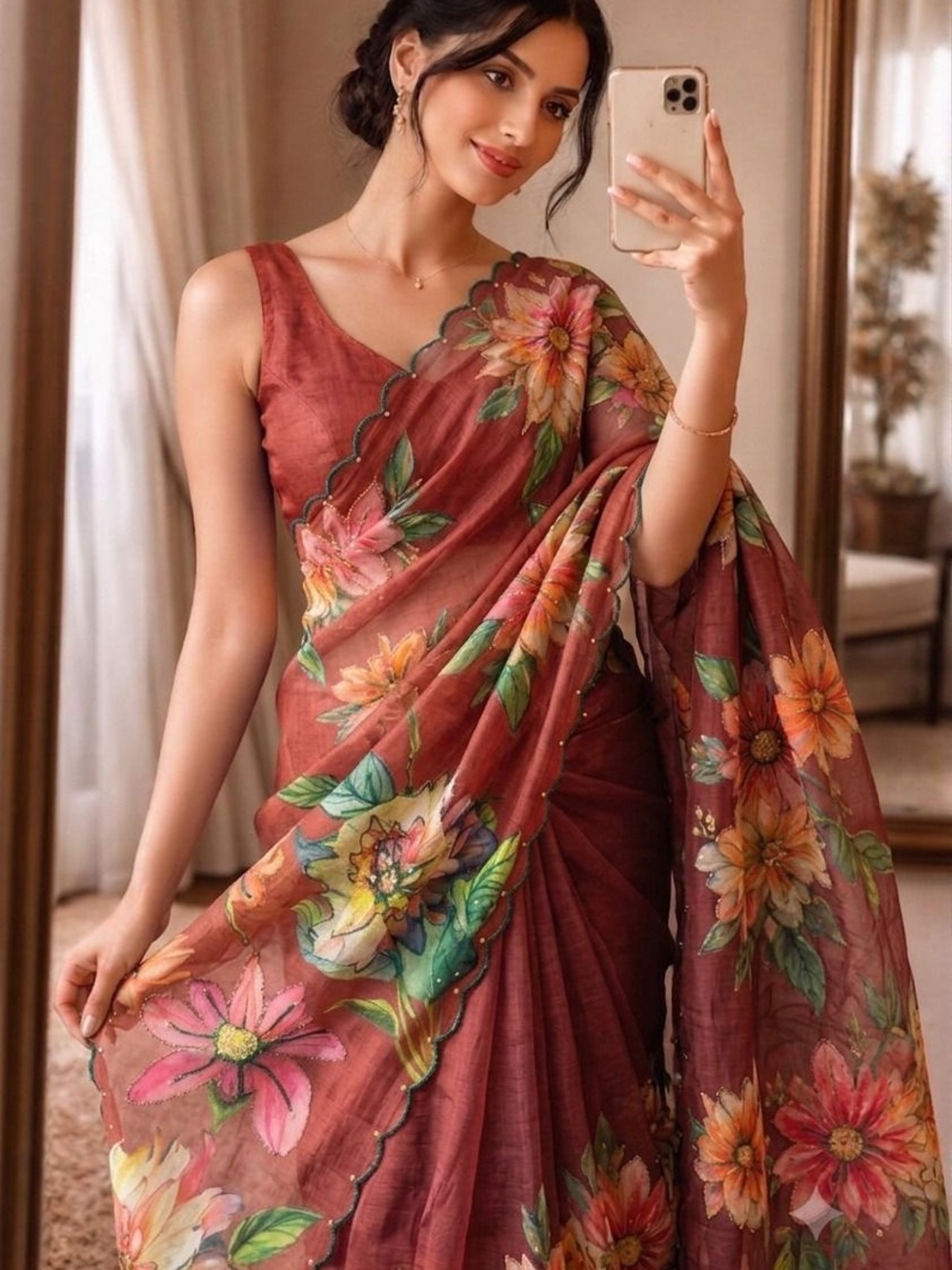 Elegant Floral Rust Hand Painted with Beaded Work Linen Saree